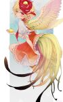  animal animal_on_head bird bird_on_head bird_tail bird_wings blonde_hair chick chicken dress feathered_wings frilled_skirt frills full_body highres holding holding_animal looking_at_viewer multicolored_hair niwatari_kutaka on_head orange_dress red_eyes red_hair red_neckwear red_ribbon ribbon ryuuta_(akatukiryoka) short_hair skirt tail_feathers touhou two-tone_hair wings yellow_wings 