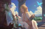 1girl bigrbear blue_sky book breasts bug butterfly cloud day elf highres holding holding_paintbrush insect landscape large_breasts library looking_at_viewer navel nipples open_clothes open_mouth original outdoors paintbrush painting pillar pointy_ears purple_eyes revision sky smile 