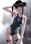  1girl arm_up armpits bangs bare_shoulders black_hair black_swimsuit blush breasts commentary_request competition_swimsuit cowboy_shot double_bun elbow_gloves garter_straps gloves hair_bobbles hair_ornament highleg highleg_swimsuit highres long_hair looking_at_viewer medium_breasts one-piece_swimsuit original purple_eyes sidelocks simple_background skindentation smile solo swimsuit thigh_strap thighhighs thighs wa_(genryusui) 