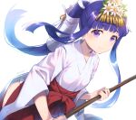  1girl blue_hair blush dutch_angle eyebrows_visible_through_hair furude_rika hakama highres higurashi_no_naku_koro_ni hime_cut hoe japanese_clothes lips long_hair looking_at_viewer nerune_j ponytail purple_eyes red_hakama smile solo twitter_username very_long_hair white_background 