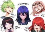  1boy 4girls :d amami_rantarou angry bangs barbed_wire black_choker blue_eyes blue_hair blue_sailor_collar choker commentary_request danganronpa/zero danganronpa:_trigger_happy_havoc danganronpa_(series) danganronpa_v3:_killing_harmony earrings eyebrows_visible_through_hair fangs fingers_to_cheeks frown goggles goggles_on_head green_hair grin hair_ornament hairclip hands_on_own_face ikusaba_mukuro iruma_miu jewelry long_hair maizono_sayaka messy_hair multiple_girls neck_ribbon open_mouth otonashi_ryouko red_eyes red_hair red_ribbon ribbon sailor_collar school_uniform shiny shiny_hair shirt short_hair simple_background smile sweat translation_request tsunemi_aosa white_background white_shirt 