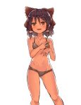  1girl absurdres bangs bikini black_bikini black_hair blush bow breasts brown_eyes commentary cookie_(touhou) eyebrows_visible_through_hair feet_out_of_frame frilled_bow frilled_hair_tubes frills hair_between_eyes hair_bow hair_tubes hakurei_reimu highres looking_to_the_side navel nob1109 open_mouth red_bow sananana_(cookie) short_hair simple_background small_breasts solo swimsuit touhou white_background 