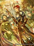  1girl 3boys beard blue_hair castle company_name eirika_(fire_emblem) ephraim_(fire_emblem) facial_hair fado_(fire_emblem) fire_emblem fire_emblem_cipher holding holding_lance holding_polearm holding_weapon horse lance multiple_boys official_art polearm red_hair seth_(fire_emblem) takaya_tomohide weapon 