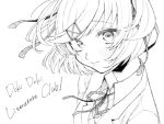  1girl bangs blush chouonsoku-jiisan closed_mouth copyright_name doki_doki_literature_club eyebrows_visible_through_hair fang greyscale hair_ornament hair_ribbon hairclip highres jacket looking_at_viewer monochrome natsuki_(doki_doki_literature_club) neck_ribbon ribbon school_uniform short_hair simple_background skin_fang solo two_side_up upper_body 