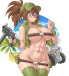  1girl abs areola_slip areolae belt belt_pouch beltbra beltskirt blush bocodamondo breasts brown_eyes brown_hair cowboy_shot desert embarrassed english_commentary fio_germi green_headwear green_legwear ground_vehicle gun hat highres holding holding_gun holding_weapon large_breasts metal_slug military military_vehicle motor_vehicle navel open_clothes open_vest ponytail pouch round_eyewear smile solo tank thighhighs uncensored vest weapon weapon_request wide_hips 