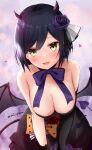  1girl areola_slip areolae asymmetrical_gloves black_gloves black_hair blush breasts cleavage demon_girl demon_tail demon_wings ex_idol flower gloves hair_flower hair_ornament hair_ribbon heart highres horns large_breasts looking_at_viewer nijisanji open_mouth polka_dot polka_dot_ribbon purple_flower purple_horns purple_rose ribbon rose shizuka_rin short_hair smile solo tail twitter_username virtual_youtuber white_ribbon wings yellow_eyes 