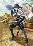  1boy armor blue_eyes blue_hair boots building chrom_(fire_emblem) company_name falchion_(fire_emblem) fire_emblem fire_emblem_awakening fire_emblem_cipher holding holding_sword holding_weapon official_art outdoors river sword town weapon yamada_koutarou 