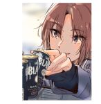  1girl blurry blurry_background blush bonryuu brown_hair can canned_coffee coffee grey_jacket hibike!_euphonium holding holding_can jacket long_hair long_sleeves looking_at_viewer nakagawa_natsuki open_mouth outstretched_arm ponytail purple_eyes smile solo 
