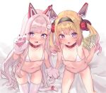  2girls animal_ears bangs bare_arms bare_legs bare_shoulders bed_sheet belt_buckle belt_collar bikini blonde_hair blush bow buckle cameltoe cat_ears cat_paws cat_tail collar commentary_request drill_locks eyebrows_visible_through_hair fake_animal_ears fang feet_out_of_frame flat_chest from_above grenade_hair_ornament hairband hand_on_another&#039;s_hand heart heart-shaped_pupils holding holding_money ikine_tomeru indie_virtual_youtuber long_hair looking_at_viewer mechanical_ears medium_hair micro_bikini money multiple_girls namahoshi-chan navel on_bed open_mouth paws pink_bow prostitution purple_eyes ribs saise_chisa sidelocks silver_hair sitting skindentation smile stomach swimsuit symbol-shaped_pupils tail tail_bow tail_ornament thigh_gap thighhighs tongue tongue_out twintails upturned_eyes very_long_hair virtual_youtuber white_background white_bikini white_legwear 