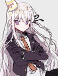  1girl 3j_dangan bangs black_gloves black_jacket black_skirt braid collared_shirt crossed_arms cup_ramen danganronpa:_trigger_happy_havoc danganronpa_(series) food food_on_head gloves grey_background grey_shirt hair_ribbon highres jacket kirigiri_kyouko long_hair looking_at_viewer necktie noodles object_on_head open_clothes open_jacket pleated_skirt purple_eyes purple_hair ribbon shirt single_braid skirt solo 