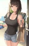  backpack bag bare_shoulders black_hair black_tank_top blue_bra blue_nails bra bra_strap breasts brown_eyes charm_(object) cleavage colored_inner_hair commentary delivery denim denim_shorts door door_handle doorway english_commentary eyebrows_visible_through_hair giving green_hair highres large_breasts miru_(ormille) mole mole_on_breast mole_on_thigh mole_under_eye multicolored_hair original ormille paper_bag phone phone_screen ribbed_tank_top shorts sweat tank_top uber_eats underwear 