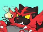  brown_eyes claws colored_sclera cutiefly eye_contact flying gen_7_pokemon green_background green_eyes hands_up incineroar kokesa_kerokero looking_at_another no_humans pokemon pokemon_(creature) simple_background sweatdrop teeth yellow_sclera 