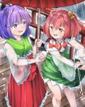  2girls :d absurdres bangs bell blunt_bangs checkered checkered_kimono eyebrows_visible_through_hair feet_out_of_frame green_kimono green_skirt hair_bell hair_ornament hieda_no_akyuu highres holding holding_umbrella japanese_clothes kimono long_sleeves looking_at_another motoori_kosuzu multiple_girls open_mouth outdoors purple_eyes purple_hair rain red_eyes red_hair red_skirt red_umbrella see-through_sleeves short_hair skirt smile standing touhou twintails umbrella wide_sleeves yossy_(yossy1130) 