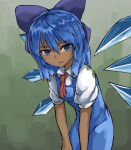  1girl annyui_(cookie) bangs blue_dress blue_eyes blue_hair bow cirno commentary_request cookie_(touhou) cowboy_shot dress eyebrows_visible_through_hair hair_between_eyes hair_bow highres ice ice_wings leaning_forward looking_at_viewer nob1109 open_mouth pinafore_dress puffy_short_sleeves puffy_sleeves red_ribbon ribbon shiny shiny_hair shirt short_hair short_sleeves solo tan tanned_cirno touhou white_shirt wing_collar wings 