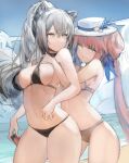  2girls animal_ears arknights ass_visible_through_thighs bare_arms bare_shoulders bikini bikini_lift black_bikini black_choker boater_hat breasts brown_bikini cat_ears ceylon_(arknights) choker cleavage clothes_lift cowboy_shot gnai grabbing grabbing_from_behind grey_hair grin hat highres holding large_breasts long_hair looking_at_another looking_to_the_side medium_breasts multiple_girls navel outdoors pink_hair ponytail schwarz_(arknights) smile standing stomach string_bikini swimsuit thighs twintails very_long_hair white_headwear yellow_eyes yuri 
