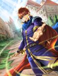  1boy armor blue_eyes building eliwood_(fire_emblem) fire_emblem fire_emblem:_the_blazing_blade fire_emblem_cipher holding holding_sword holding_weapon official_art open_mouth outdoors outstretched_arm red_hair sword town toyota_saori weapon 