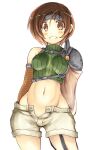  1girl arms_behind_back breasts brown_eyes brown_hair clenched_teeth final_fantasy final_fantasy_vii headband looking_at_viewer medium_breasts navel sakaki_(noi-gren) short_hair shorts simple_background sleeveless sleeveless_turtleneck smile solo stomach teeth turtleneck unbuttoned unbuttoned_shorts white_background white_shorts yuffie_kisaragi 