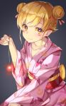  1girl absurdres alternate_hairstyle animal_print bat_print blonde_hair blush collarbone highres japanese_clothes kimono looking_at_viewer monogatari_(series) oshino_shinobu pink_kimono yellow_eyes yukata yuunamida_uyu 