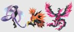  bird blue_eyes fire galarian_articuno galarian_form galarian_moltres galarian_zapdos gen_8_pokemon grey_background highres kokesa_kerokero legendary_pokemon no_humans open_mouth pink_fire pokemon pokemon_(creature) simple_background talons tongue 