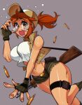  1girl abottleofstars adjusting_eyewear baseball_cap belt blush breasts brown_eyes brown_hair crop_top fio_germi glasses gloves hat highres large_breasts long_hair metal_slug midriff military navel ponytail round_eyewear shirt shorts solo taut_clothes taut_shirt vest wavy_mouth weapon 