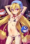  1girl bare_shoulders bikini blonde_hair blue_headwear closed_mouth curly_hair goggles goggles_on_head hat long_hair looking_at_viewer marivel_armitage microphone navel pointy_ears red_eyes side-tie_bikini smile string_bikini swimsuit toraishi_666 wild_arms wild_arms_2 