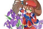  1girl android bangs beret breasts brown_hair eyebrows_visible_through_hair flower green_eyes hair_between_eyes hat iris_(mega_man) kaidou_zx long_hair looking_at_viewer low-tied_long_hair mega_man_(series) mega_man_x_(series) military_hat rockman_x_dive smile solo very_long_hair white_background 