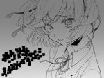  1girl bangs blush chouonsoku-jiisan crazy_eyes doki_doki_literature_club eyebrows_visible_through_hair glitch greyscale hair_ornament hair_ribbon hairclip highres jacket looking_at_viewer monochrome natsuki_(doki_doki_literature_club) neck_ribbon parted_lips ribbon school_uniform short_hair simple_background solo two_side_up upper_body 