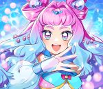  1girl :d absurdres blue_hair blue_nails commentary_request cure_la_mer fingernails gradient_hair highres laura_(precure) long_hair looking_at_viewer magical_girl miyukiyo multicolored_hair nail_polish open_mouth pink_eyes pink_hair precure smile solo teeth thick_eyebrows tropical-rouge!_precure twitter_username upper_body upper_teeth 