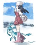  1girl bag beanie black_hair blush boots cloud coat dawn_(pokemon) day duffel_bag eyelashes footprints from_side full_body gen_4_pokemon glaceon grey_eyes hair_ornament hairclip hands_up hat kokesa_kerokero long_hair long_sleeves open_mouth outdoors over-kneehighs pink_footwear pokemon pokemon_(creature) pokemon_(game) pokemon_dppt pokemon_platinum scarf sky smile snow thighhighs white_bag white_headwear white_legwear white_scarf 