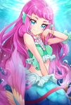  1girl blue_eyes bracelet closed_mouth head_fins highres jewelry laura_(precure) looking_at_viewer mermaid midriff monster_girl pink_hair precure sleeveless smile solo tropical-rouge!_precure underwater uta_(yagashiro25) 