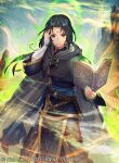  1boy bangs black_hair company_name fire_emblem fire_emblem:_path_of_radiance fire_emblem:_radiant_dawn fire_emblem_cipher holding holding_weapon long_hair looking_at_viewer magic official_art red_eyes soren_(fire_emblem) umiu_geso weapon wind 