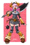  1girl :d adapted_costume armor bodysuit boobplate boots border breastplate collared_shirt fingerless_gloves full_body gloves helmet holding holding_weapon horns knee_pads long_hair looking_at_viewer miniskirt necktie noumiso one_eye_closed open_mouth over_shoulder pink_background pink_eyes pink_hair pixiv_fantasia pixiv_fantasia_t pleated_skirt polearm red_neckwear ringed_eyes school_uniform sharp_teeth shirt skirt smile solo spiked_kneepads spikes standing teeth thighhighs weapon weapon_over_shoulder white_border wing_collar zettai_ryouiki 