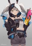  1girl animal_ears animal_hood bangs bare_shoulders belt black_gloves black_jacket bronya_zaychik bronya_zaychik_(haxxor_bunny) bullpup bunny_ears drill_hair gloves grey_background grey_eyes grey_hair grey_shorts gun hair_between_eyes highres holding holding_gun holding_weapon honkai_(series) honkai_impact_3rd hood index_finger_raised jacket long_sleeves looking_at_viewer navel p90 rangerjiu shorts simple_background smile submachine_gun twin_drills weapon 