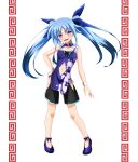  1girl :d bangs black_hair black_shorts blue_bow blue_footwear blue_hair blush bow breasts china_dress chinese_clothes cleavage clothing_cutout dress eyebrows_visible_through_hair fang floating_hair full_body hair_between_eyes hair_bow hand_on_hip highres long_hair looking_at_viewer lyrical_nanoha mahou_shoujo_lyrical_nanoha mahou_shoujo_lyrical_nanoha_a&#039;s mahou_shoujo_lyrical_nanoha_a&#039;s_portable:_the_battle_of_aces material-l medium_breasts midriff multicolored_hair navel open_mouth oshimaru026 print_dress pumps purple_dress purple_eyes shiny shiny_hair shorts sleeveless sleeveless_dress smile solo stomach stomach_cutout twintails two-tone_hair very_long_hair white_background wrist_cuffs 