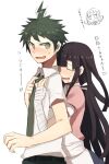  1boy 1girl ahoge alternate_hair_color aoki_shizumi apron bandages bangs black_hair black_hiar blunt_bangs blush brown_hair commentary_request danganronpa_(series) danganronpa_2:_goodbye_despair flipped_hair green_eyes grey_background heart hinata_hajime hug hug_from_behind long_hair looking_back mole mole_under_eye nanami_chiaki necktie open_mouth pants pink_shirt saliva school_uniform shirt short_hair simple_background skirt translation_request tsumiki_mikan white_shirt 