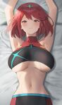  1girl armpits arms_up bangs bare_shoulders bed breasts chest_jewel highres hood_(james_x) large_breasts looking_at_viewer lying navel on_back pyra_(xenoblade) red_eyes red_hair short_hair smile solo swept_bangs tiara xenoblade_chronicles_(series) xenoblade_chronicles_2 