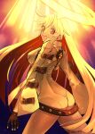  1girl absurdres ass bangs belt belt_buckle bodysuit buckle gloves guilty_gear guilty_gear_xrd halo highres jack-o&#039;_valentine light long_hair looking_at_viewer multicolored_hair red_eyes smile two-tone_hair very_long_hair white_hair 