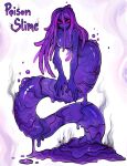  1girl absurdres breasts bubble core english_text evil_eyes evil_grin evil_smile full_body grin hair_between_eyes highres lamia long_hair looking_at_viewer matilda_fiship monster_girl original purple_eyes purple_slime slime_girl small_breasts smile smoke_trail solo white_background 