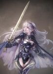  1girl armored_leotard bangs black_hairband black_leotard breasts cape cleavage corrin_(fire_emblem) corrin_(fire_emblem)_(female) faulds fire_emblem fire_emblem_fates floating_hair gauntlets grey_background hair_between_eyes hairband highres holding holding_sword holding_weapon leotard long_hair looking_away medium_breasts misaomaru pointy_ears red_eyes shiny shiny_hair silver_hair solo standing sword torn_cape torn_clothes very_long_hair weapon 