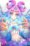  1girl bangs blue_eyes blue_hair blue_nails closed_mouth commentary_request cure_la_mer double_bun fingernails gradient gradient_background gradient_hair grey_background hands highres laura_(precure) long_hair looking_at_viewer magical_girl midriff multicolored_hair nail_polish navel pink_eyes pink_hair precure smile solo tropical-rouge!_precure twintails uta_(yagashiro25) 