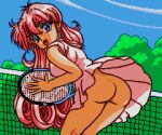  1girl blue_eyes blush character_request dress eyebrows_visible_through_hair leaning_forward long_hair megami_paradise no_panties pc_engine pink_dress pink_hair pixel_art pleated_skirt racket rurubell saiwai_hiroshi skirt smile solo sportswear tennis tennis_court tennis_net tennis_racket 