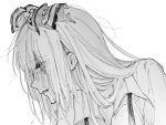  1girl bangs bow chouonsoku-jiisan commentary_request crying fujiwara_no_mokou greyscale hair_between_eyes hair_bow highres long_hair monochrome parted_lips profile shirt simple_background solo suspenders tears torn_bow touhou 
