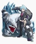  1boy absurdres aggron bangs black_pants blue_hair clenched_hand collared_shirt gen_3_pokemon highres huge_filesize jacket jewelry kokesa_kerokero legs_apart long_sleeves looking_at_viewer male_focus necktie pants parted_lips perspective pokemon pokemon_(game) pokemon_oras purple_footwear purple_neckwear ring shirt shoes short_hair smile sparkle spiked_hair standing steven_stone white_shirt 