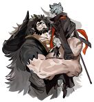  2boys animal_ears blue_hair draph erune formal giant giant_male granblue_fantasy highres hug jacket jacket_on_shoulders large_pectorals male_focus mugen_(granblue_fantasy) multiple_boys muscular muscular_male necktie nehan_(granblue_fantasy) pectorals smile towa_(10_wa) white_background 