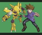  1boy alakazam bangs blue_oak boots brown_footwear brown_hair clenched_hand gen_1_pokemon green_background grey_pants grin highres holding holding_spoon jewelry kokesa_kerokero long_sleeves male_focus necklace pants pokemon pokemon_(creature) pokemon_(game) pokemon_rgby purple_shirt shirt short_hair simple_background smile spiked_hair spoon teeth 