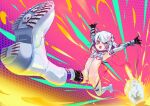  1girl :o absurdres armpits arms_up asymmetrical_legwear black_gloves blush boots dohna_dohna dotted_background explosion eyepatch flat_chest foreshortening full_body gloves hair_ornament heart heart_hair_ornament highres huge_filesize multicolored multicolored_background multicolored_hair multiple_straps o-ring open_mouth perspective pink_hair porno_(dohna_dohna) red_eyes revealing_clothes running shoe_soles short_hair speech_bubble split strap suppa_(hagakuresuppa) thigh_boots thighhighs two-tone_hair white_hair 