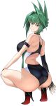  1girl ass bare_shoulders breasts cleavage green_hair halcon high_heels highres large_breasts long_hair looking_at_viewer one-piece_swimsuit shaman_king simple_background sitting smile solo swimsuit tao_jun 