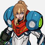  1girl arm_cannon armor bangs blonde_hair blue_eyes highres long_hair looking_at_viewer mano_(deew123) metroid metroid_dread mole mole_under_mouth ponytail power_armor samus_aran sidelocks simple_background smile solo upper_body varia_suit weapon 