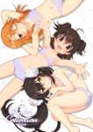  3girls akagi_miria armpits arms_behind_head ass black_hair blush bow bow_panties bra breasts brown_hair commentary_request cover cover_page doujin_cover fetal_position flat_chest hair_bow idolmaster idolmaster_cinderella_girls long_hair looking_at_viewer lying matoba_risa multiple_girls nakahara_yoshi navel on_back on_side one_eye_closed open_mouth orange_hair outstretched_arms panties purple_bra purple_panties short_hair small_breasts smile twintails two_side_up underwear underwear_only yellow_eyes yuuki_haru 