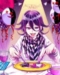  1boy balloon bangs checkered checkered_scarf commentary_request cup danganronpa_(series) danganronpa_v3:_killing_harmony dated drinking_glass fork grey_jacket hair_between_eyes happy_birthday highres indoors jacket knife long_sleeves looking_at_viewer male_focus monokuma open_mouth ouma_kokichi plate purple_eyes purple_hair scarf smile solo straitjacket table teacup tongue tongue_out zuki_(nakikitune) 